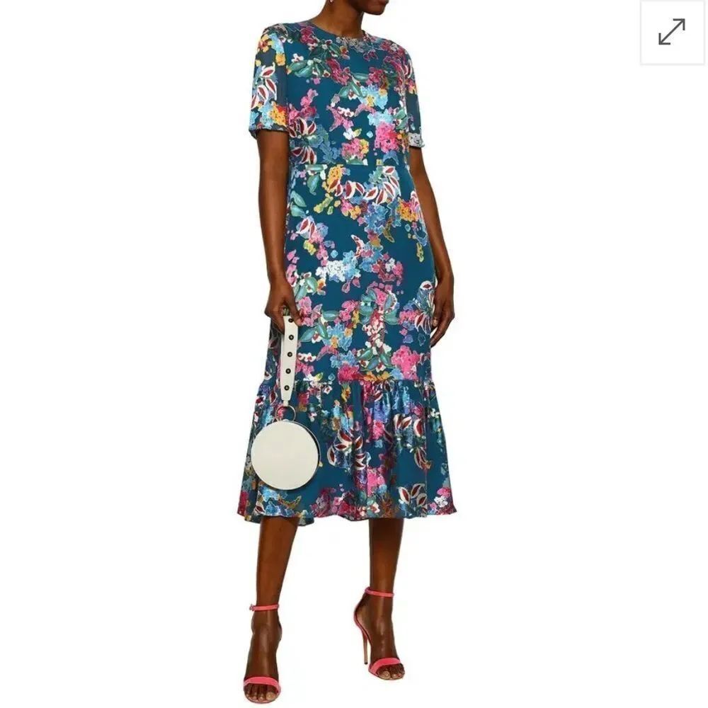 SALONI Printed Devoré Chiffon Midi Dress Multicolor Short Sleeve Sz 0